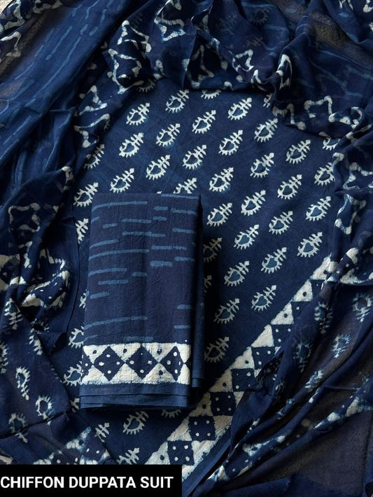 Indigo Blue Cotton Unstitched Suit with Chiffon Dupatta | Hand Block Print 3-Piece Suit Set
